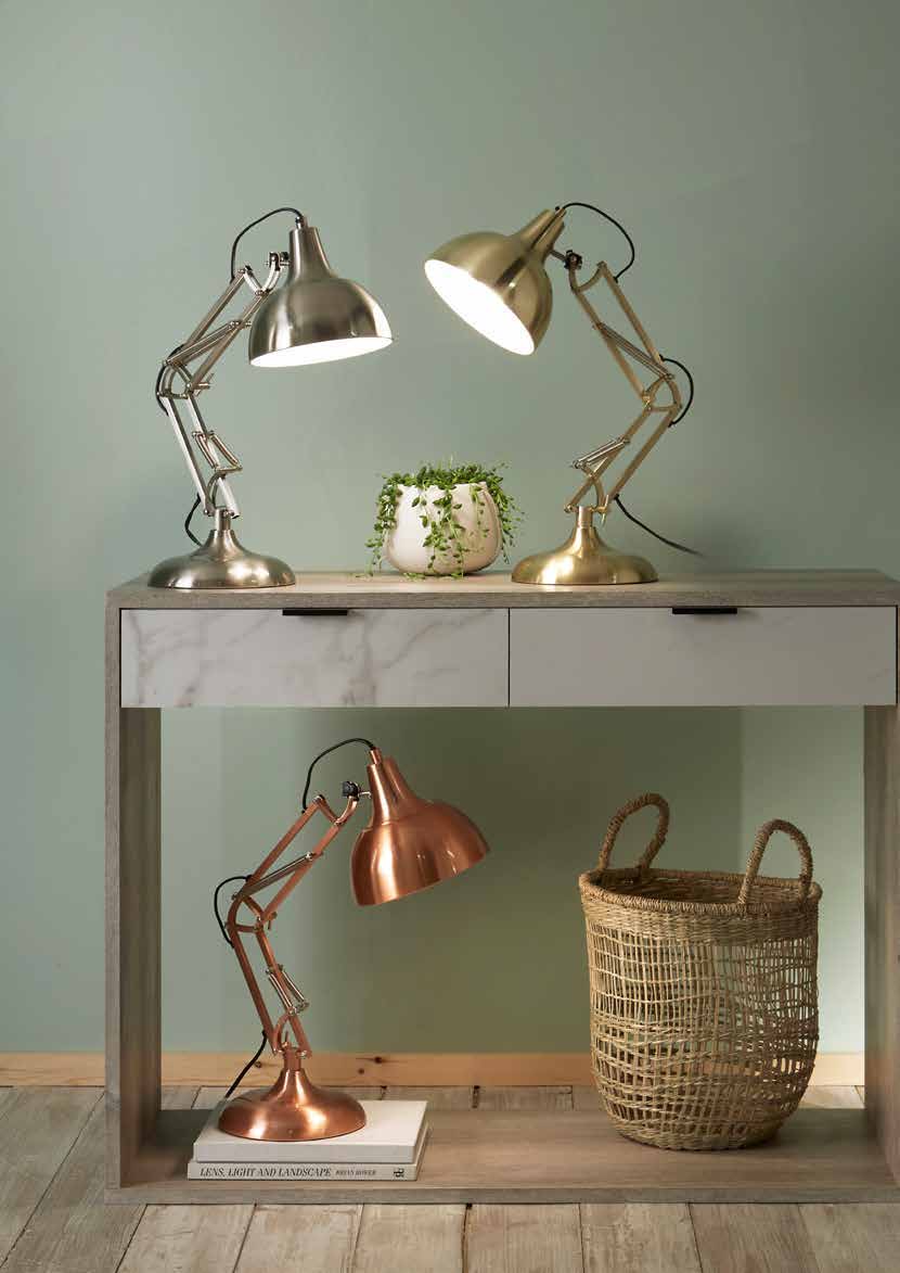 Genuine Pacific Alonzo copper, brass and chrome lamps in a styled room