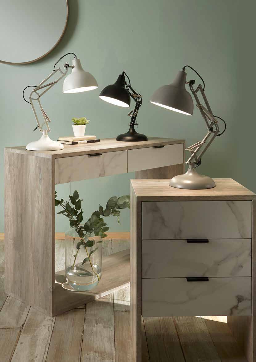 Pacific Alonzo lamps in a styled room, showing matt white with black and grey alternatives