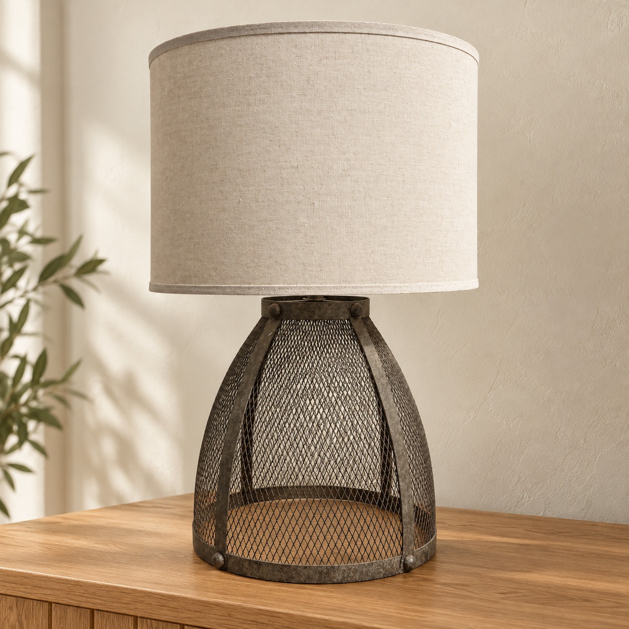 Rustic Mesh Table Lamp in an AI-staged room setting