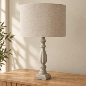Pale Turned Spindle Table Lamp in an AI-staged room setting