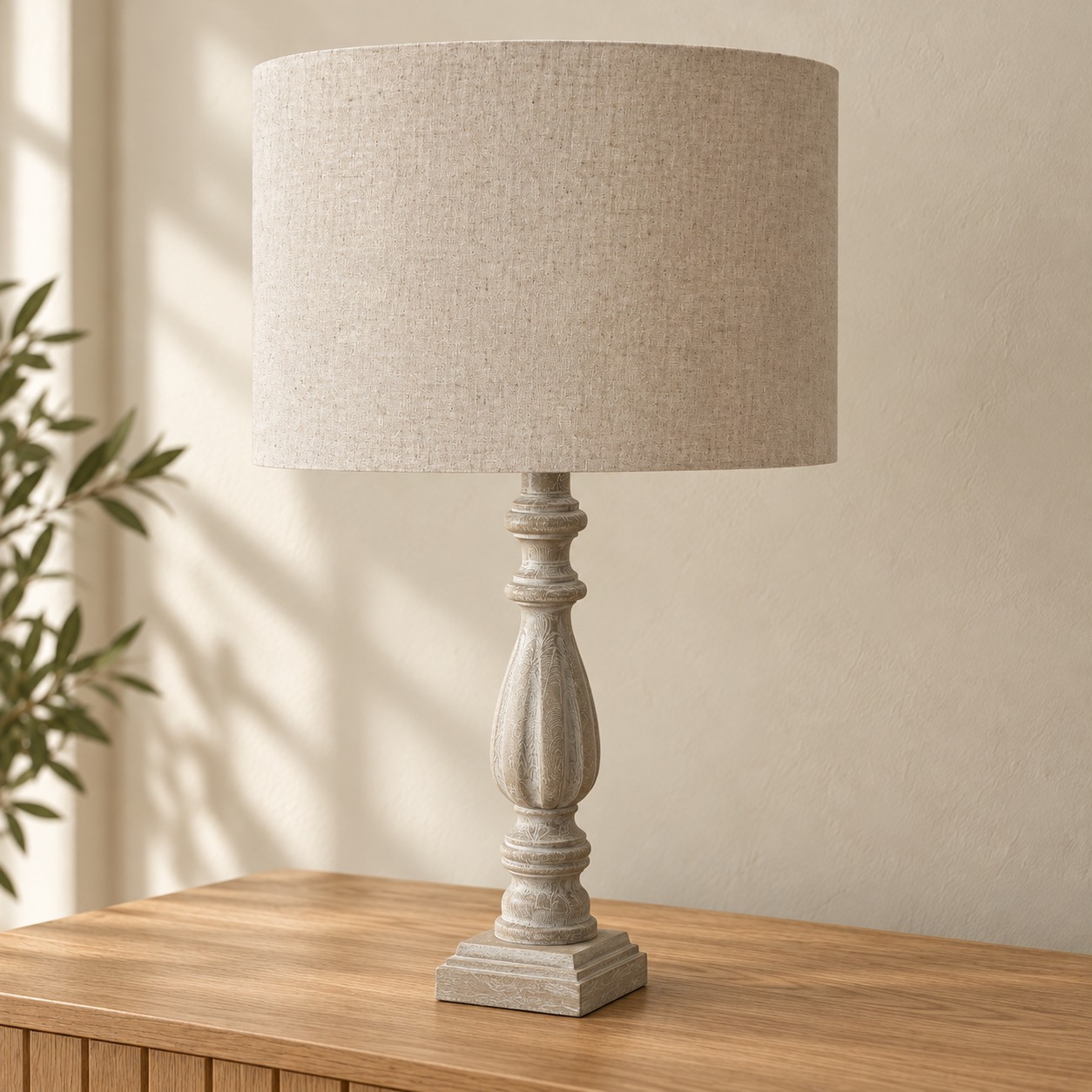 Pale Turned Spindle Table Lamp in an AI-staged room setting