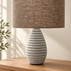 Grey and White Ribbed Urn Table Lamp in an AI-staged room setting