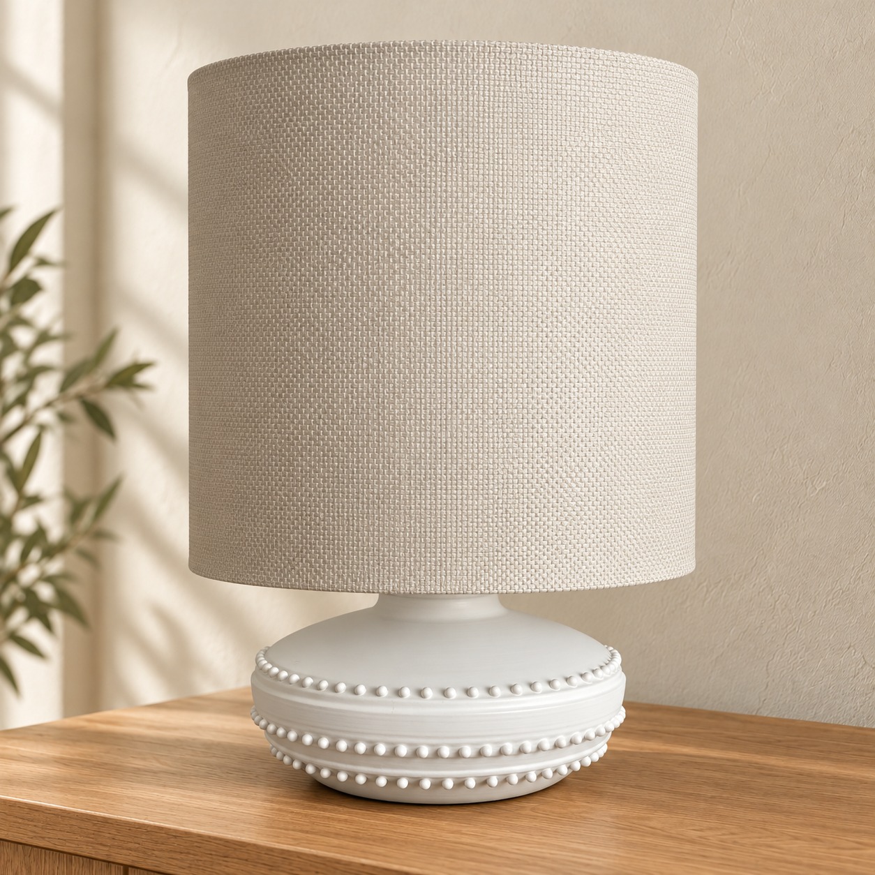 White Beaded Disc Table Lamp in an AI-staged room setting