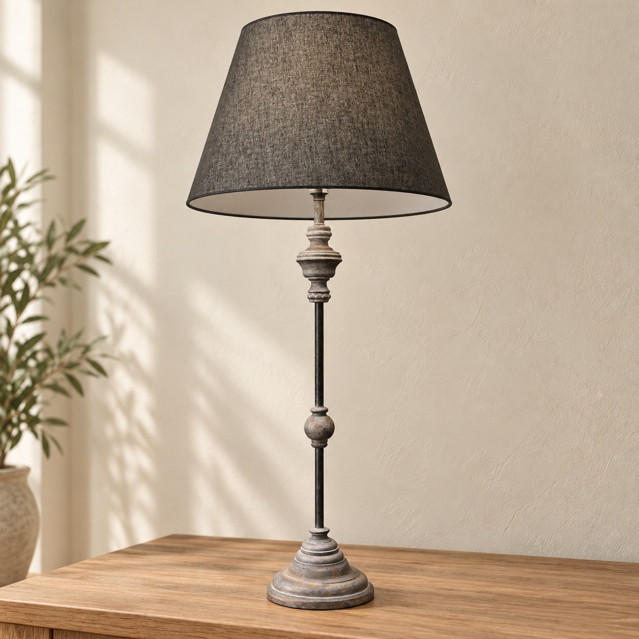 Tall Stem Table Lamp with Dark Shade in an AI-staged room setting