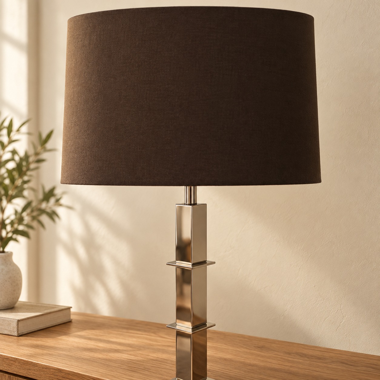 Reflective Square Column Table Lamp in an AI-staged room setting