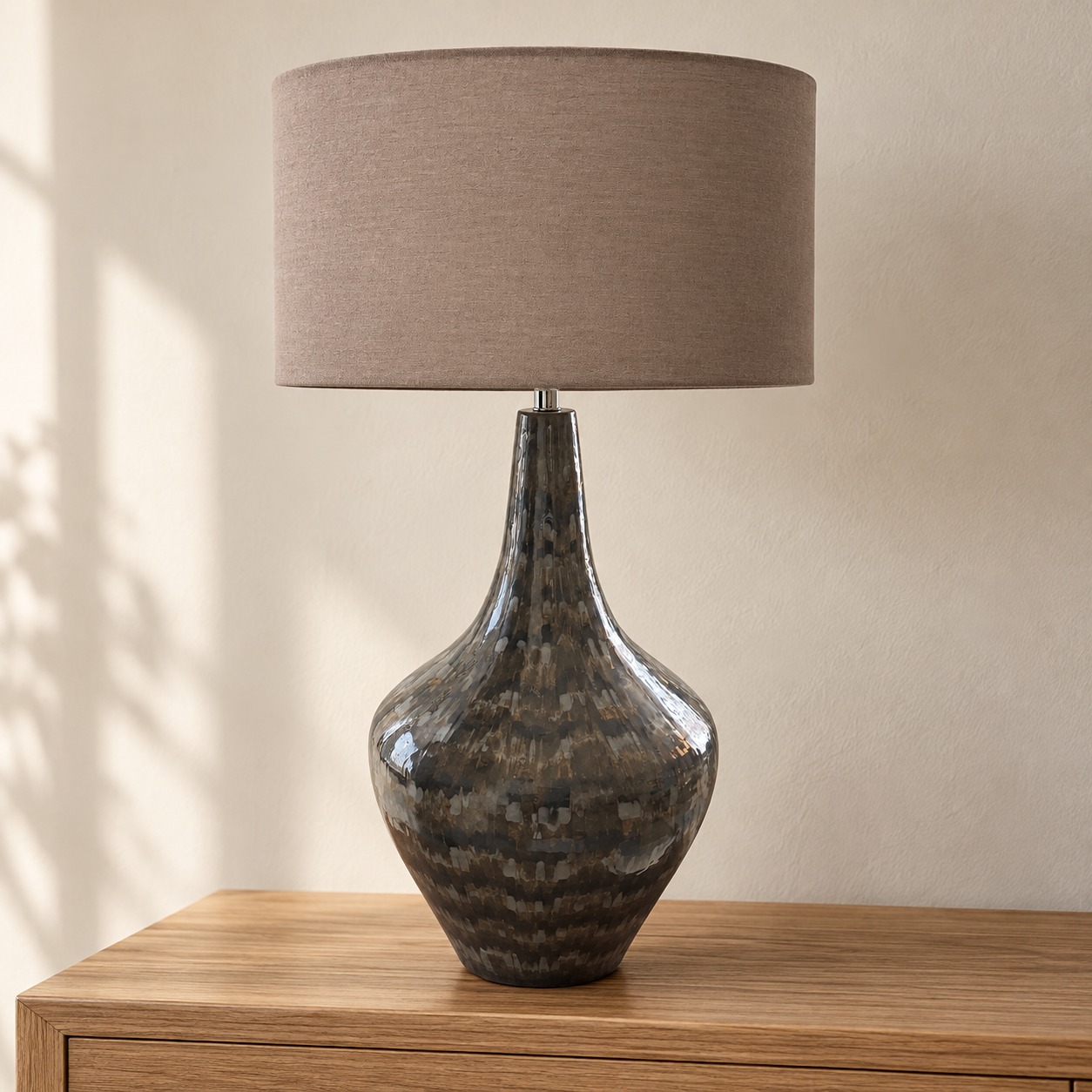 Grey Glazed Rounded Table Lamp in an AI-staged room setting