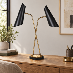 Black and Gold Twin Shade Desk Lamp in an AI-staged room setting