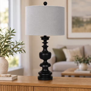 Black Turned Stem Table Lamp in an AI-staged room setting