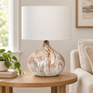 Brown and Blue Pattern Table Lamp in an AI-staged room setting