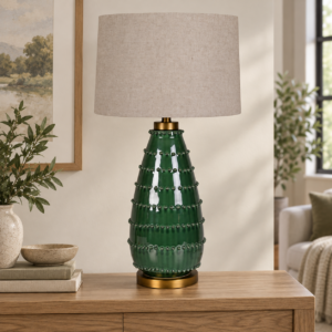 Green Beaded Table Lamp in an AI-staged room setting