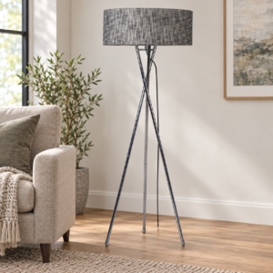 Metal Tripod Floor Lamp with Grey Shade in an AI-staged room setting